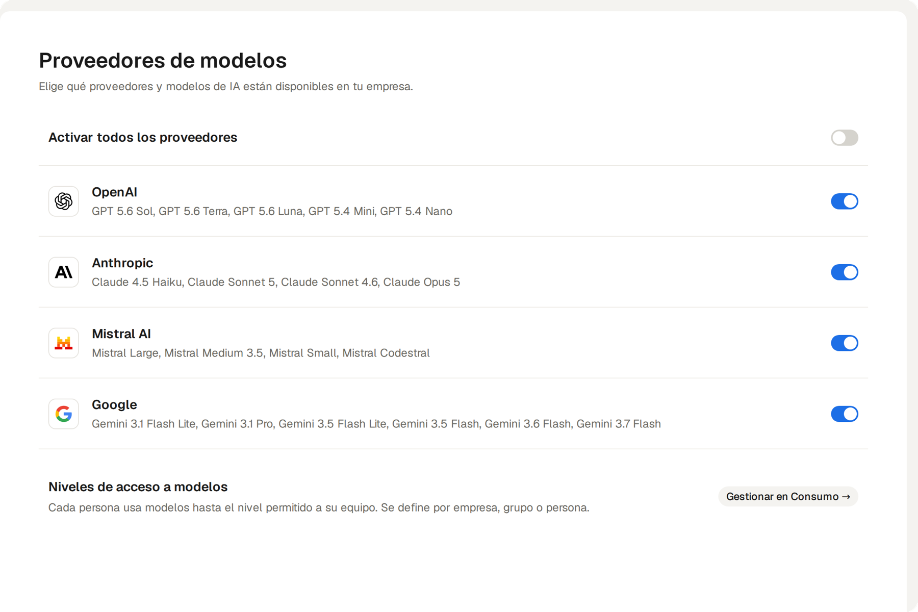 Panel de proveedores de modelos de Azimut con OpenAI, Anthropic, Mistral AI y Google activados y sus modelos disponibles